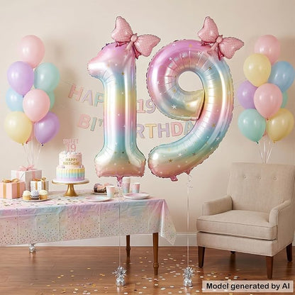 40" Giant Pastel Rainbow Number 19 Balloon Foil Pink Bow Decor Kit | - Image 4