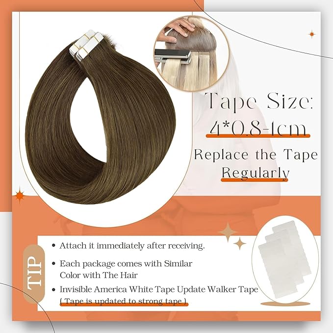 Full Shine Brown Tape in Hair Extensions Real Human Hair Color 3 Tape in Extensions 14 Inch Remy Extension Seamless Invisible Extension 50Gram Silky Straight Skin Weft 20Pcs for Wedding