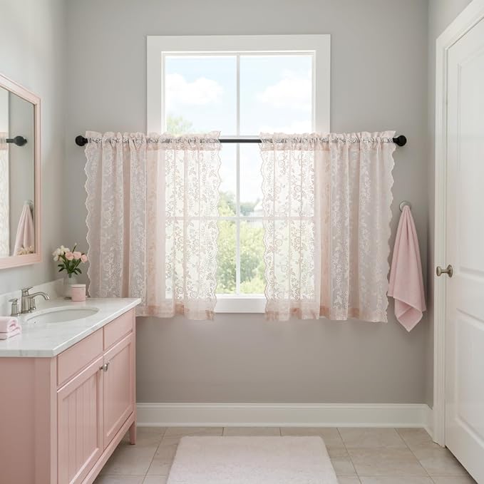 Short Blush Lace Curtains Rustic Leaf Floral W42 x L45 Inch 2 Panels | Rod - Image 5