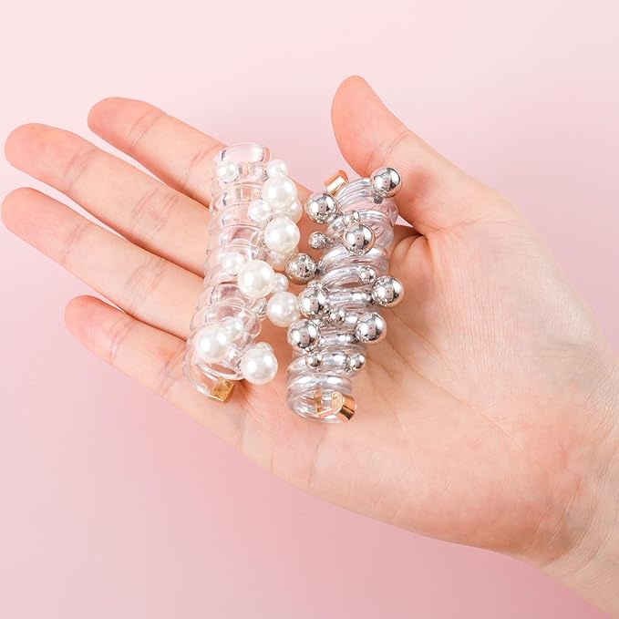 4PCS Bead Spiral Hair Ties, No Crease Pearl Bead Phone Cord Ponytail Holders for Women, Elastic Rubber Hair Coils, Vintage Hair Bands Accessories for Party, Daily Use - 4 Colors