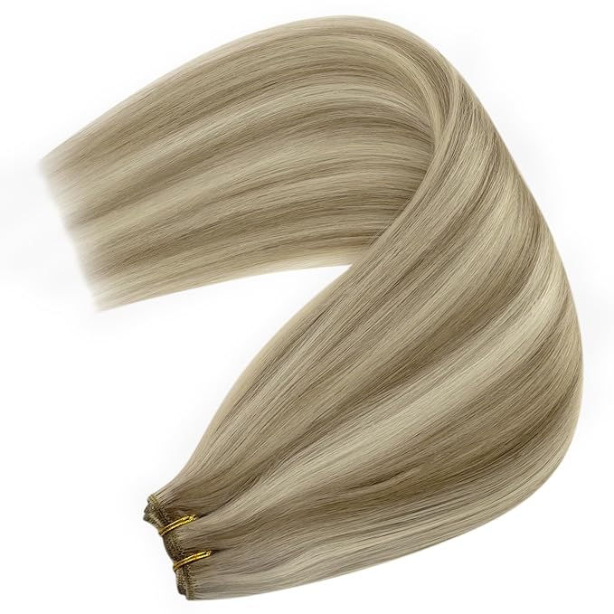 YoungSee Weft Hair Extensions Human Hair Highlight Hair Extensions Sew in Light Brown with Blonde Highlight Weft Extensions Soft Remy Hair 16Inch 100G