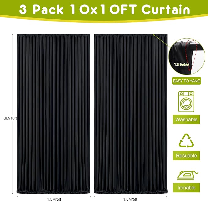 Black Backdrop Curtain for Parties Backdrop Drapes, 6 Panel 5x10FT - Image 2
