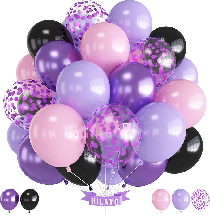 Purple Pink Balloons 12 Inch Purple Pink Black Balloons 35 Pcs Mermaid by HILAVO