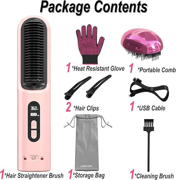Hair Brush Straightener Cordless, Straightening Comb for Women with 300 Million Negative Ions, 6 Temps 30s Fast Heating, 10000mAh Rechargeable Battery, Portable Travel Frizz-Free, On-The-Go Styling