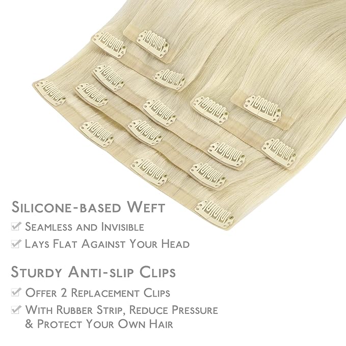 WENNALIFE Seamless Clip In Hair Extensions Human Hair, 14 Inch 130g 7pcs Bleach Blonde Real Hair Extensions Clip in Human Hair Invisible PU Skin Weft Natural Remy Human Hair Extensions
