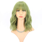 FAELBATY Green Wave Bob Wigs With Bangs Synthetic Cosplay Wig for Girl Shoulder Length Wig for women Costume Wigs(12" Light Jade Green)