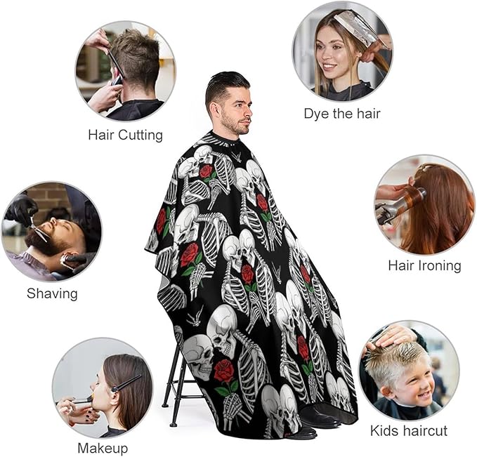 Extra Long Professional Salon Cape, Rose Flower Skull Love Skeleton Apron Haircuting Salon Cape Gown for Hair Cutting Styling