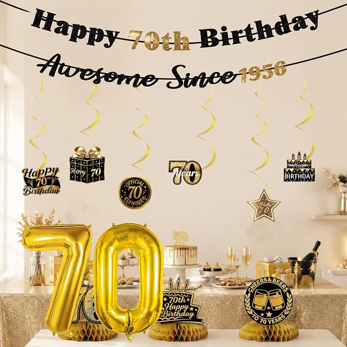 70th Birthday Decorations For Men Women, Pre-Strung Black Gold Happy 70th - Image 7