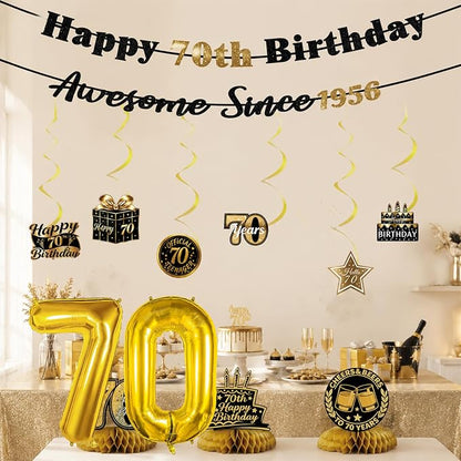 70th Birthday Decorations For Men Women, Pre-Strung Black Gold Happy 70th - Image 7