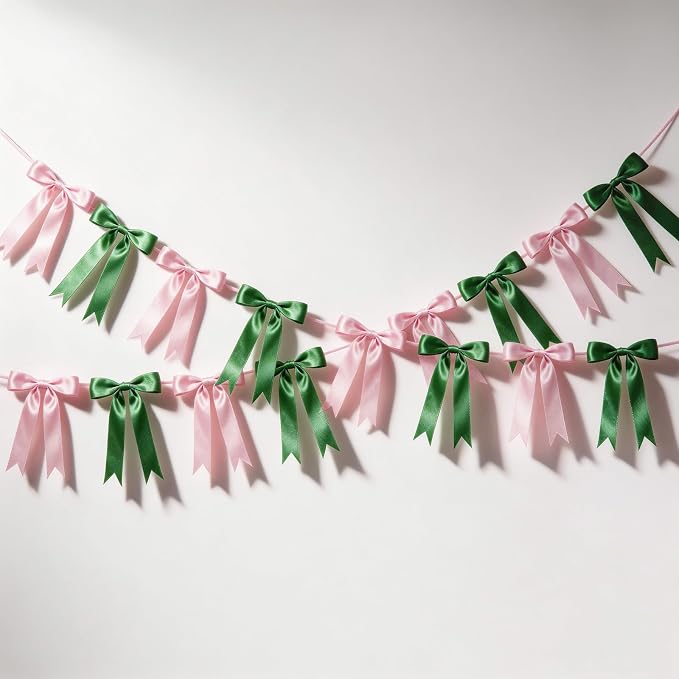 2 Strings Pink & Green Bow Garland Banner Decorations - Image 4