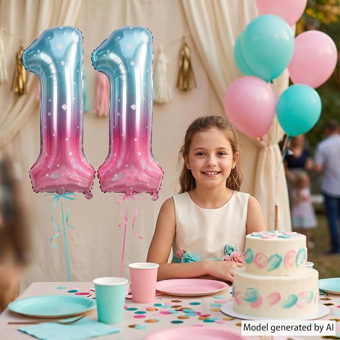 40 Inch Blue Pink Number 11 Balloon, Ombre Star Foil Helium Birthday Decor | - Image 7