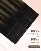 GOO GOO Invisi Edge Tape in Hair Extensions Human Hair, 1B/6/1B Balayage Natural Black to Chestnut Brown 10pcs injected with 10pcs classical tape ins, 14inch 50g, Virgin Remy Hair, Natural Look