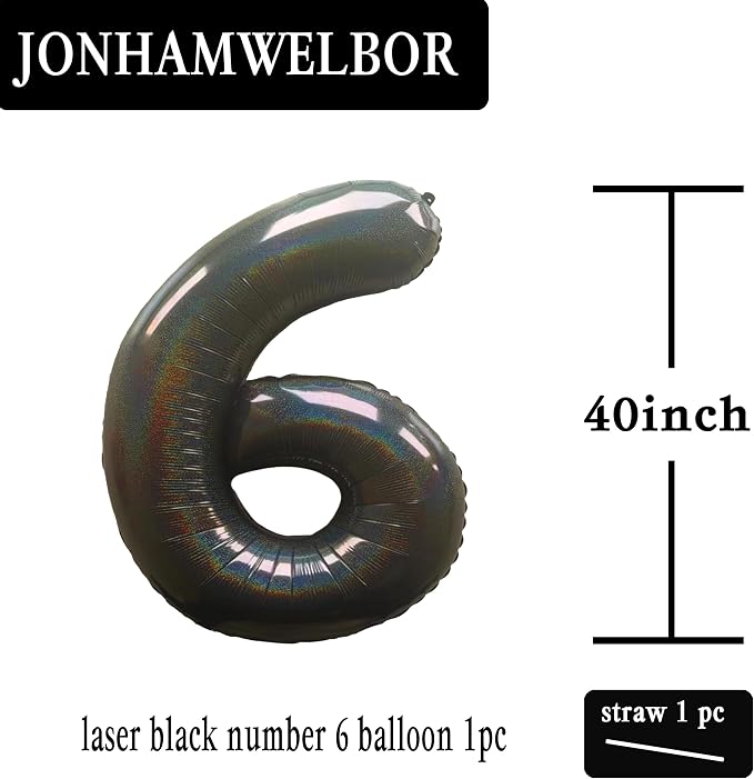 Jonhamwelbor 40 Inch Laser Black Number 6 Balloon Foil Mylar Giant Balloon - Image 2