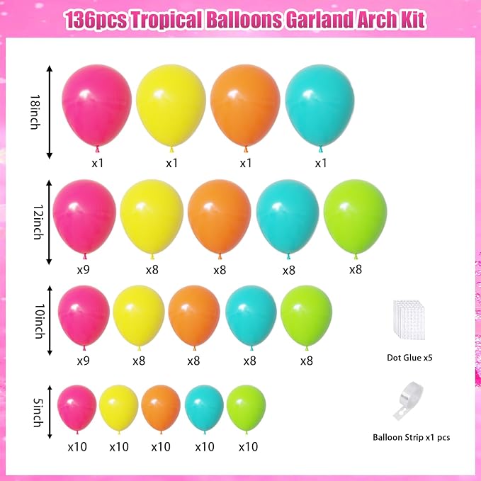 YMSZ Tropical Balloons Arch Kit, Hawaiian Rainbow Balloons | 136pcs Hot Pink - Image 2
