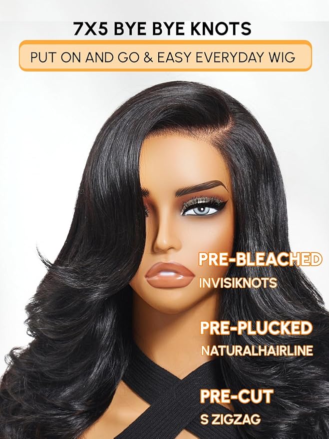 Julia Hair Bye Bye Slip Wig Feathered Layer Side Part Human Hair Wig 200% Density 7X5 Pre Cut Lace Closure Loose Body Wave Wigs Pre Everything Glueless with Secure Silicone Strips Drawstring 16 Inch