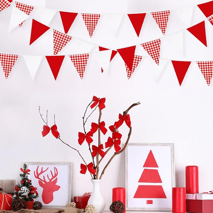 32Ft Red Party Decorations Red Plaid Checkered White Triangle Flag Gingham - Image 6