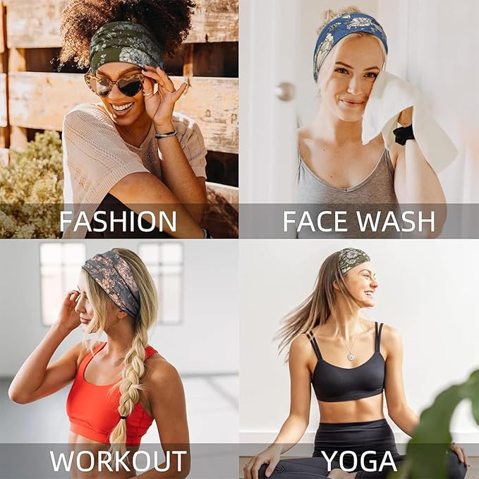 Huachi Wide Headbands for Women Non Slip, Thick Womens Floral Headbands Boho Elastic Hair Bands for Women's Hair, Stretchy Sweat Headband for Workout Running Working