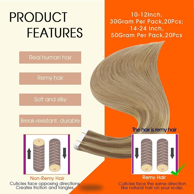 Full Shine Remy Tape in Human Hair Extensions 18Inch Double Sided Tape in Extensions Color 10/16/16 Balayage Seamless Skin Weft Long Hair 50Gram 20Pcs for Wedding Add Length Straight