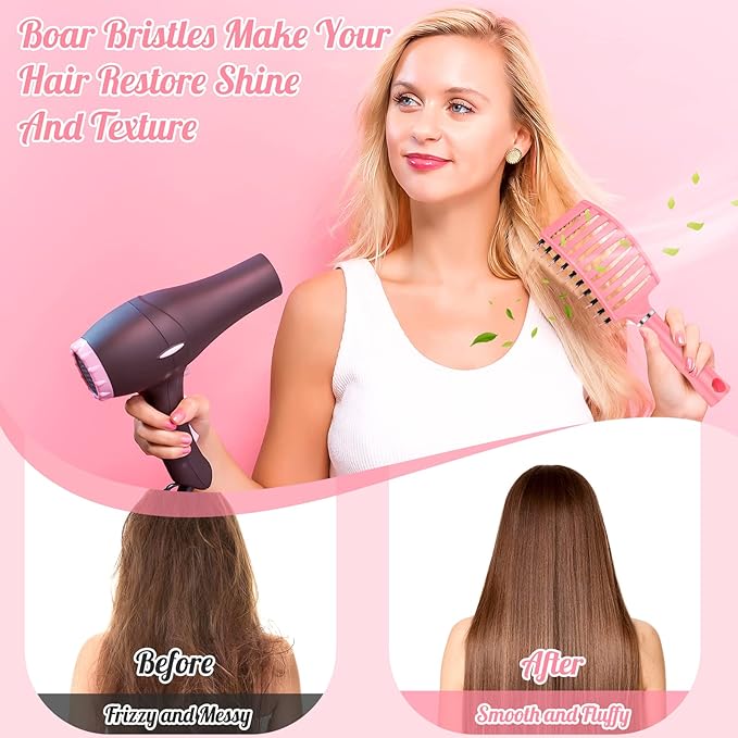 Hair Brush,URTHEONE Detangling Hairbrush Boar Bristle Curved Vented Hair Brush for Women Men Kids Curly Thick Long Short Wet or Dry Hair, Faster Blow Drying(2Pack, Black&Pink)