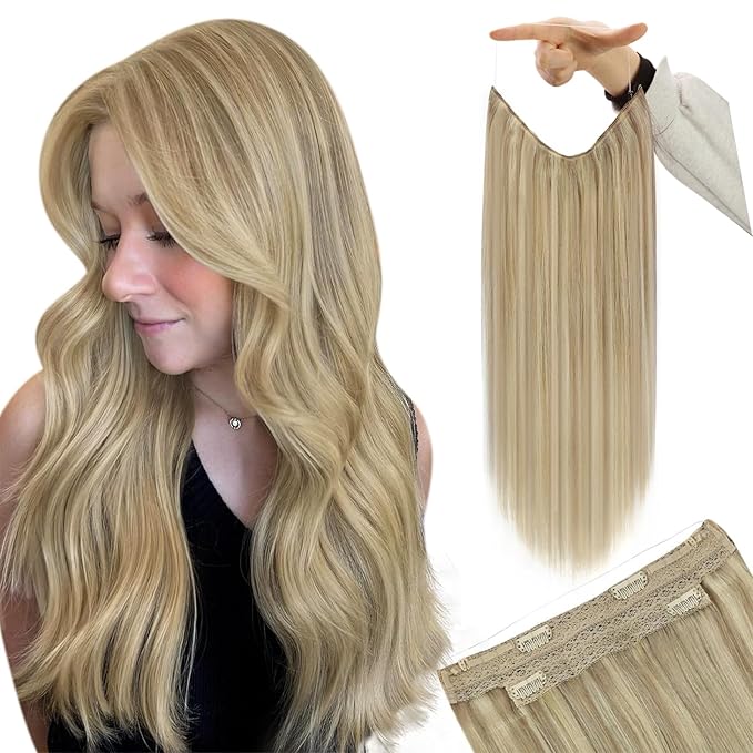YoungSee Wire Hair Extensions Real Human Hair Highlight Human Hair Wire Extensions Light Blonde Highlights Golden Blonde One Piece Hair Extension Easy to Wear 80G 16Inch