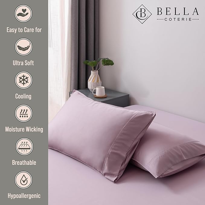 Bella Coterie | Luxury Bamboo Standard Size Pillowcase Set | 100% Organically Grown Bamboo Viscose | Ultra Soft | Cooling | 2 Pcs [Lilac]