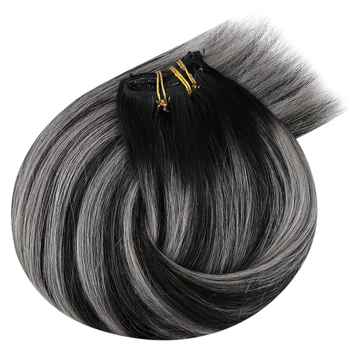 Ve Sunny Clip in Hair Extensions Real Human Hair Black Ombre Clip in Human Hair Extensions for Women Human Clip in Hair Extensions Natural Black Grey Silver Easy-to-wear 7pcs 120g 20inch