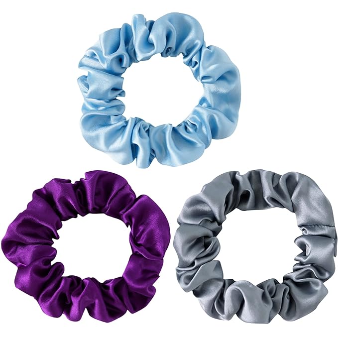Large Silk Hair Scrunchies, 100% Mulberry Silk, No Damage for Frizz Prevention, Sleep and Night Scrunchie, Hair Accessories for Women - 3 Count (Violet, Metallic Gray, Light Blue)