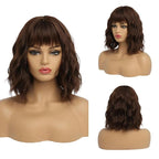 Short Chocolate Brown Wigs for Women Dark Brown Wavy Bob Wig with Bangs Medium Lenth Synthetic Natural Hair Wigs for Daily Party Use(14 Inch)