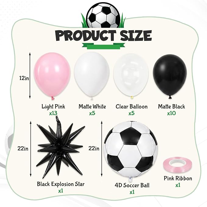 Light Pink and White Soccer Balloons, 12 Inch Pastel Pink and Black Clear - Image 2