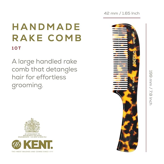 Kent 10T TY Large Wide Tooth Detangler Comb - Handmade Rake for Curly, Wet or Dry Thick Hair - Smooth and Comfortable Saw Cut Design for Detangling