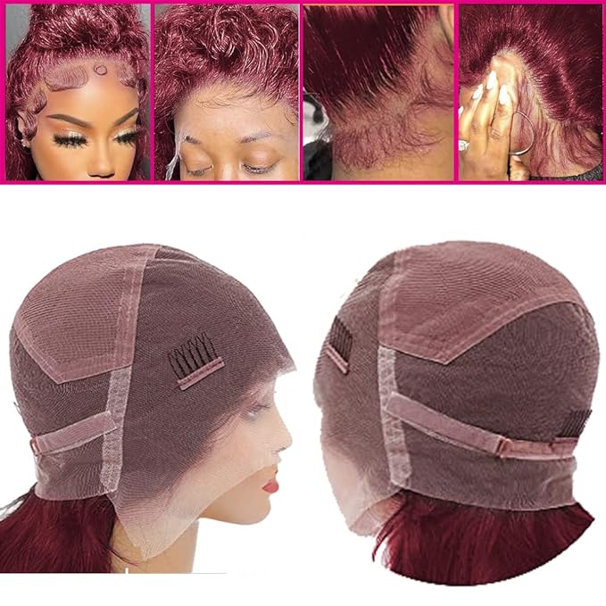 250 Density Burgundy Wig Human Hair Hidden Strap 360 Lace Front Wigs Human Hair Deep Wave Invisible Strap Pre Plucked Bleached Knots Glueless Drawstring Curly Human Hair Wig for Women (22inch)