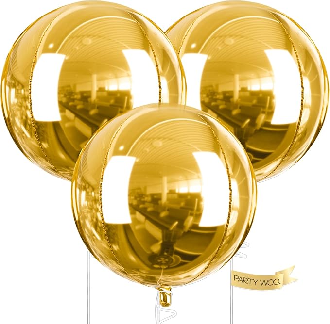 PartyWoo Metallic Gold Large Round Giant 4D Foil Balloons 3pcs 50 Inch | 50 Inch by PartyWoo