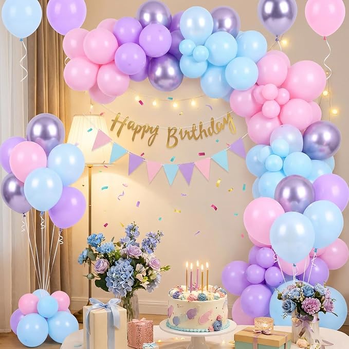 RUBFAC Pink Purple Blue Balloons, Iridescent Party Balloons, 12 Inch Pastel - Image 6