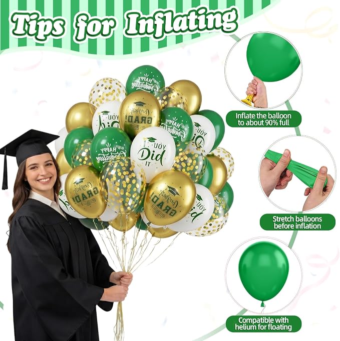 FunHot Green Gold Graduation Balloons, 12 Inch Green Gold White Confetti Grad - Image 3