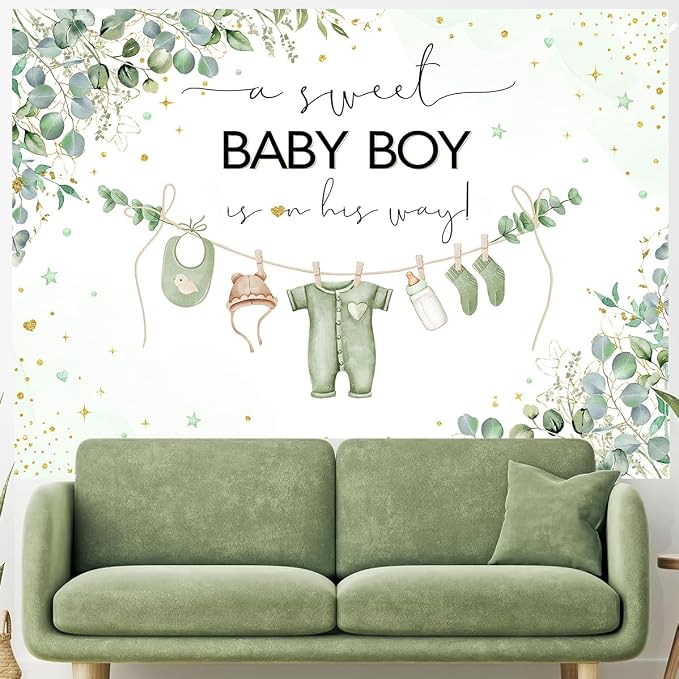 InMemory Sage Green Baby Shower Backdrop Oh Baby Clothes Welcome Newborn Party - Image 4