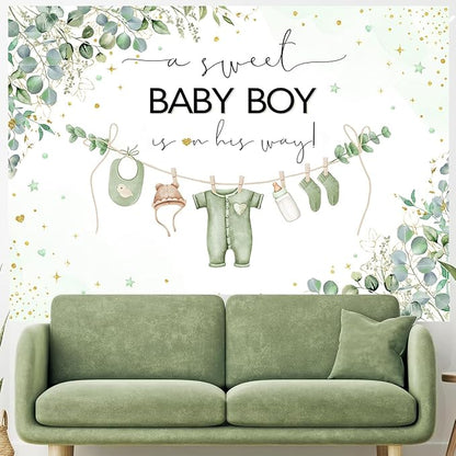 InMemory Sage Green Baby Shower Backdrop Oh Baby Clothes Welcome Newborn Party - Image 4
