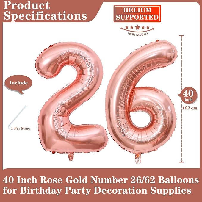 Rose Gold 26 Number Balloons, 40 Inch Giant Number 26 Balloons Foil Mylar - Image 2