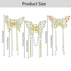 3PCS Butterfly Hair Claw Clip With Pearl and Rhinestone Tassel, Metal Small Hair Clips, Cute Hair Styling Accessories for Women and Girls, Gold