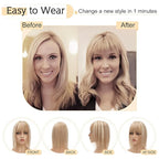 SEGO Hair Toppers for Women Real Human Hair With Bangs, 7 * 13CM Silk Base 100% Remy Human Hair Clip in Top Wiglet Hairpieces Add Volume -14 Inch Golden Brown&Bleach Blonde