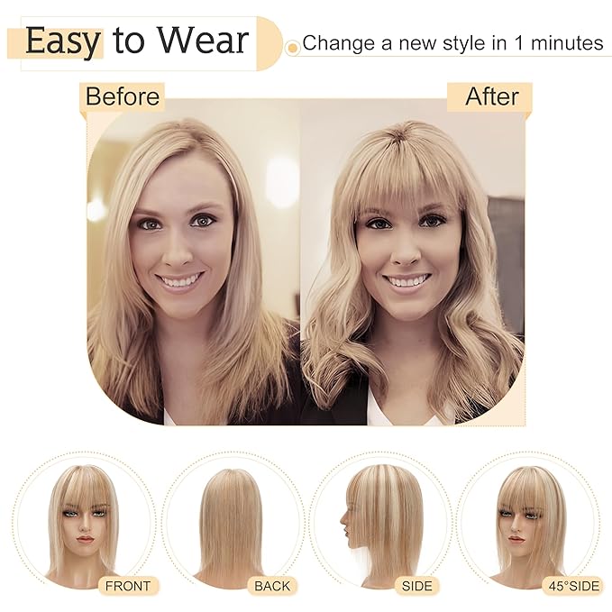 SEGO Hair Toppers for Women Real Human Hair With Bangs, 7 * 13CM Silk Base 100% Remy Human Hair Clip in Top Wiglet Hairpieces Add Volume /18 Inch Golden Brown&Bleach Blonde