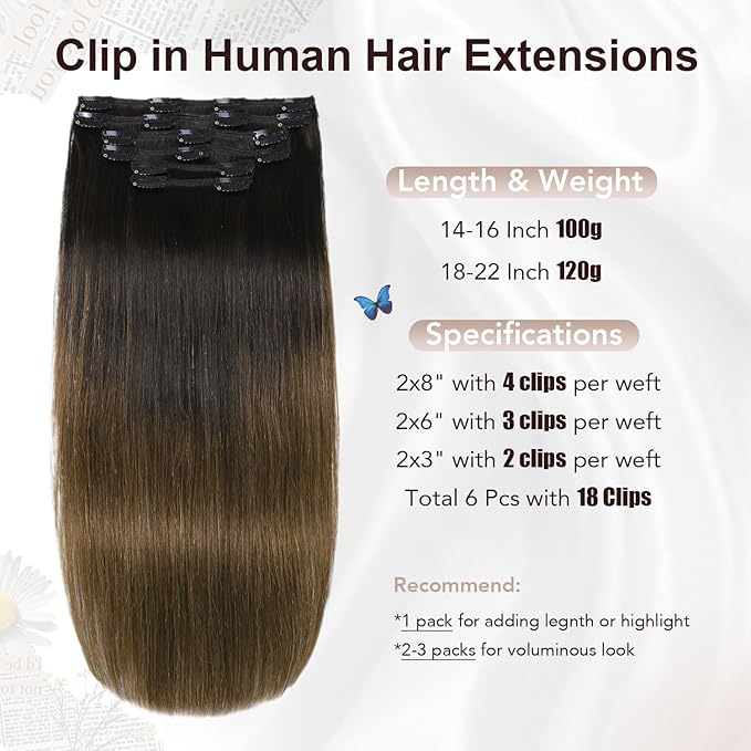 XDhair 22 inchClip in Hair Extensions Real Human Hair 120g 6Pcs Ombre Color Natural Black Fading to Medium Brown Clip in Hair Extensions Natural Soft (#1BT4, 22 inch)