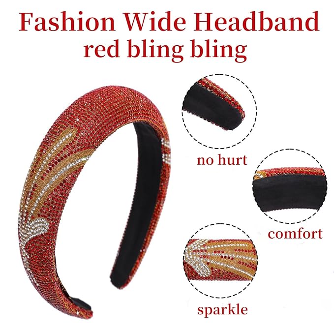 Fashion Wide Headband for Women Sparkle Red Rhinestone Headbands Dressy Glitter Headband Comfortable High Elastic Head Band Hairband Hair Hoop Hair Accessories for Women