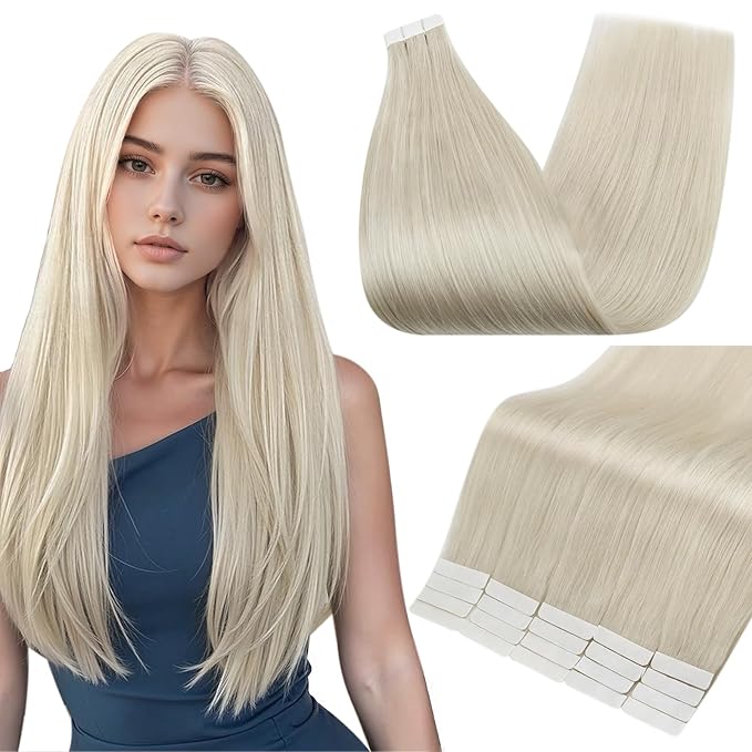 Full Shine Tape in Hair Extensions Color 1000A Blonde 22 Inch Invisible Seamless Remy Tape in Human Hair Extensions 50 Grams Natural Soft and Silky Extensions for Women Real Hair 20PCS for Wedding