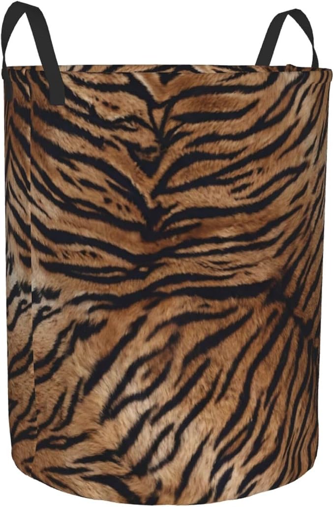 Tiger Texture Round Laundry Hamper Natural Animal Skin Print Storage Basket - Image 8