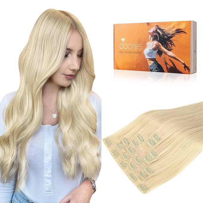 DOORES Human Hair Extensions, Bleach Blonde 150g 7pcs 22 Inch, Seamless Clip in Hair Extensions Remy Human Hair for Women Extensions Thick Straight Hair Invisi Edge Hair Extensions