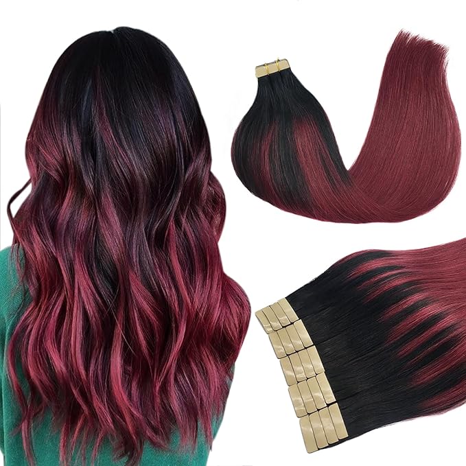 DOORES Human Hair Extensions Tape in, Ombre Jet Black to Red 60g 20pcs 26 Inch, Tape in Hair Extensions Straight Real Skin Weft