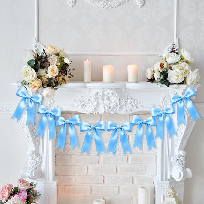 2 Strings of 16PCS Blue Bow Garlands Banner Decoration, Pre-Strung Satin Ribbon - Image 6