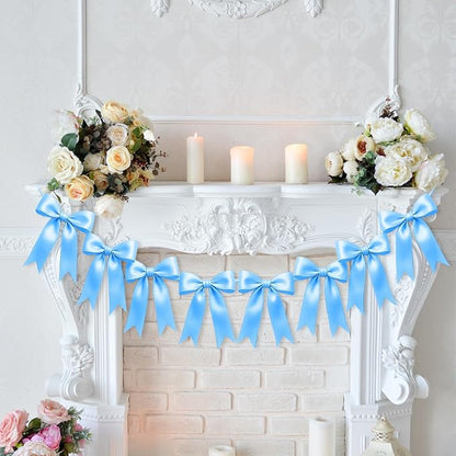 2 Strings of 16PCS Blue Bow Garlands Banner Decoration, Pre-Strung Satin Ribbon - Image 6