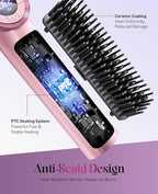 Hair Straightener Brush for Women: Negative Ionic 3-in-1 Curling & Straightening Brush, Ceramic Hot Comb with 15 Temps for Hair Styling, Pink
