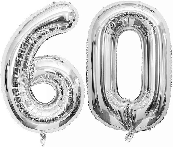Silver 60 Number Balloons, 40 Inch Giant Number 60 Balloons Foil Mylar Helium by Lovoir